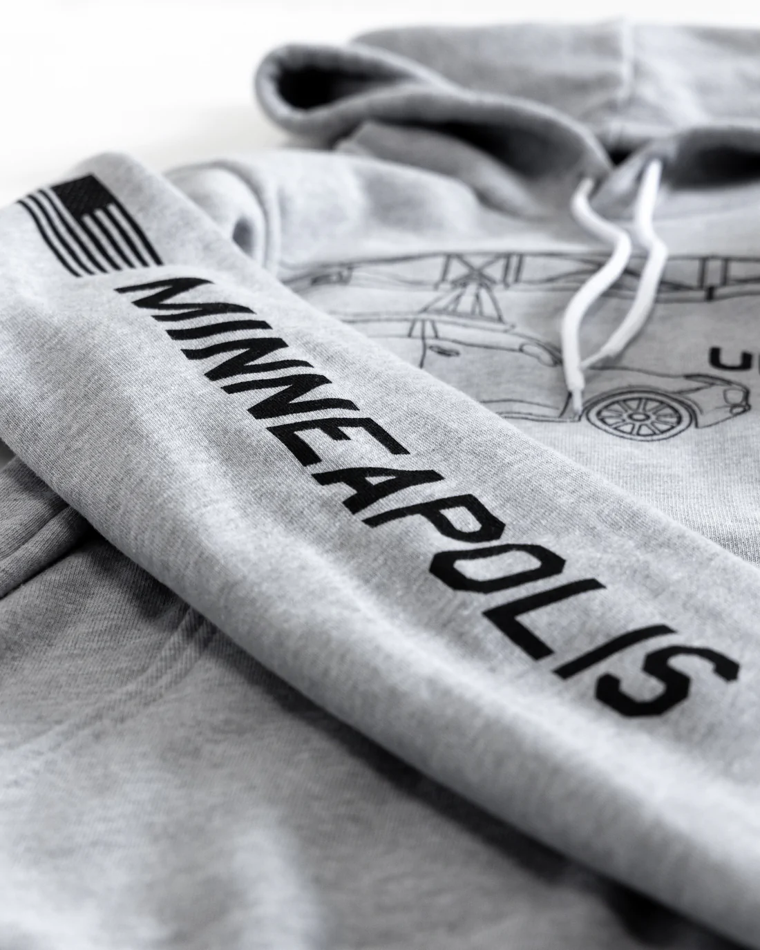 Minneapolis sleeve print on a grey hoodie